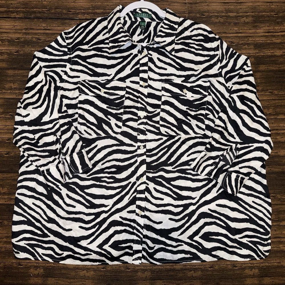 Lauren Ralph Lauren Womens 3X Black White Zebra Lon Sleeves Button Up Shirt